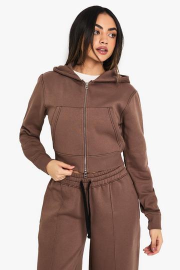 Contrast Stitch Shrunken Zip Through Hoodie mocha