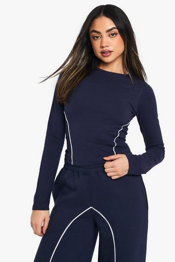 Navy Contrast Piping Detail Long Sleeve Top