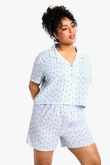 Plus Gestreepte Ananas Pyjama Set Met Blouse En Shorts blue