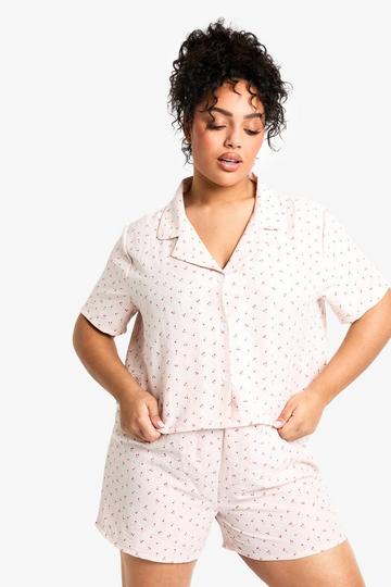 Plus Cherry Print Shirt & Short Pyjama Set pink