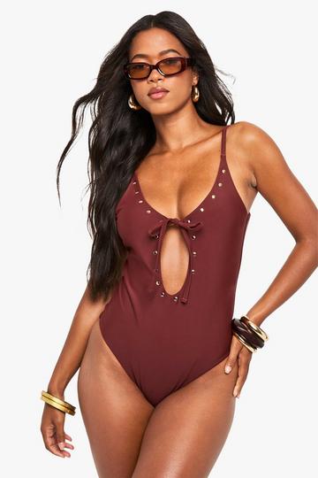 Cut Out Studded Swimsuit chocolate