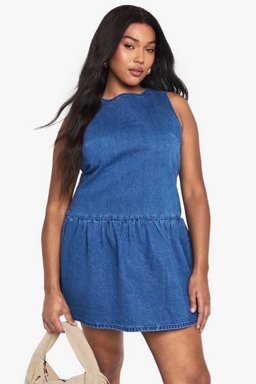 Plus Denim Tie Back Smock Dress mid blue