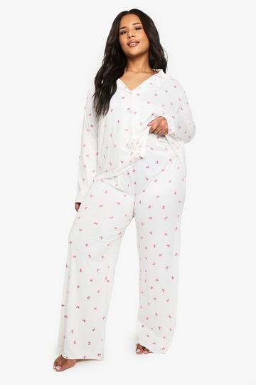 Plus Bow Print Trouser PJ Set white