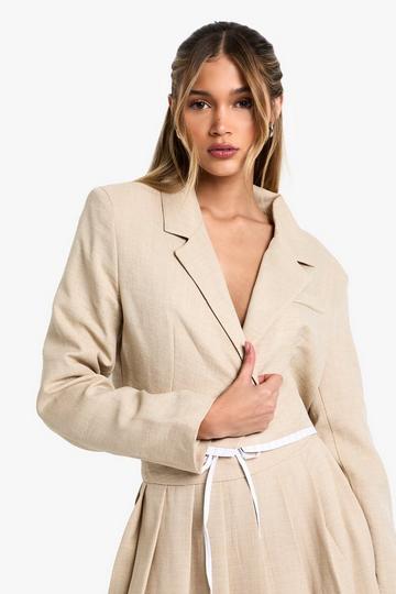 Stone Beige Tailored Woven Cropped Contrast Hem Blazer