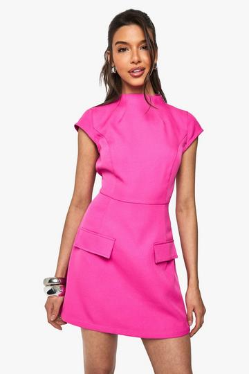 High Neck Structured Tailored Mini Dress hot pink