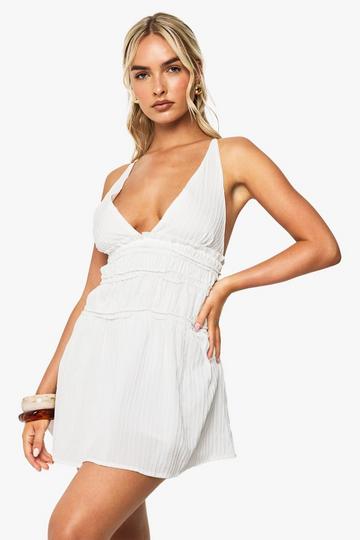 Textured Strappy Ruched Mini Dress white
