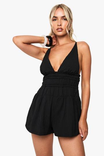 Textured Strappy Ruched Playsuit black