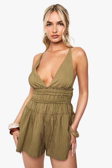 Textured Strappy Ruched Playsuit olive