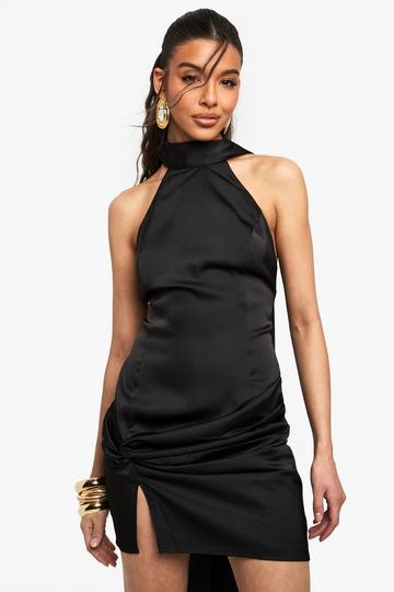 Satin High Neck Mini Dress black