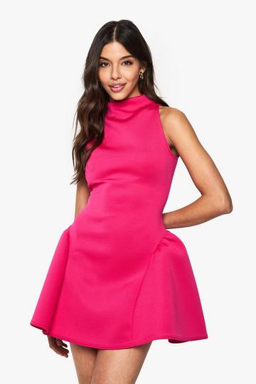 Racer Neck Volume Mini Dress hot pink