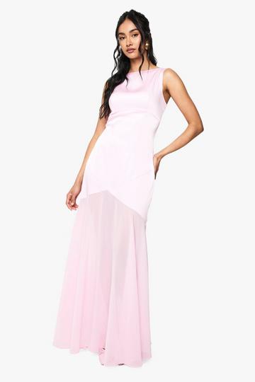 Satin And Chiffon Mix Pleated Maxi Dress pink