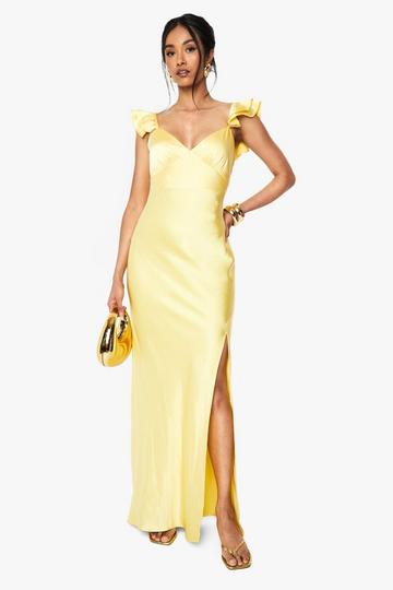 Satin Frill Sleeve Split Maxi Dress lemon