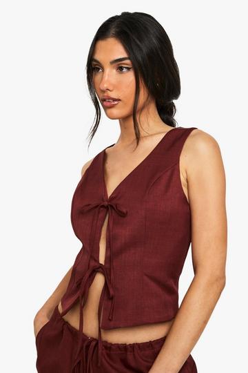 Linnen Look Top Met Strik maroon