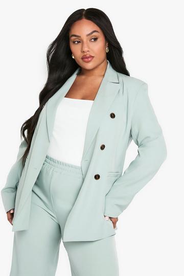 Plus Woven Tailored Self Fabric Button Detail Blazer sage