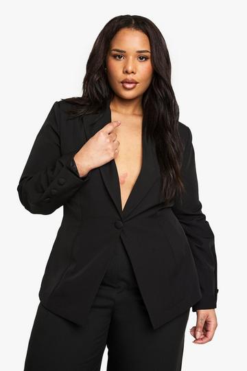 Black Plus Woven Tailored Self Fabric Button Detail Blazer