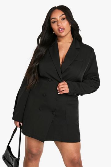 Plus Geweven Getailleerde Blazer Jurk Met Knoop Detail black