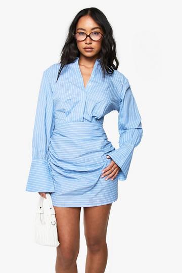 Stripe ruched flare cuff shirt dress light blue