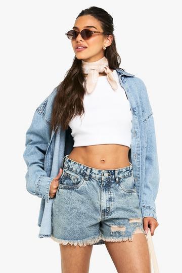 Acid Wash Ripped Hem Denim Shorts light wash