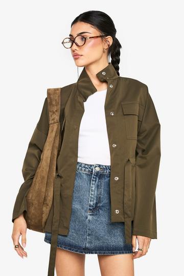 Cinched Waist Utility Pocket Shacket khaki