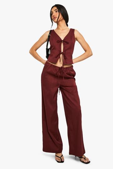 Linen Look Tie Waist Wide Leg Trouser maroon