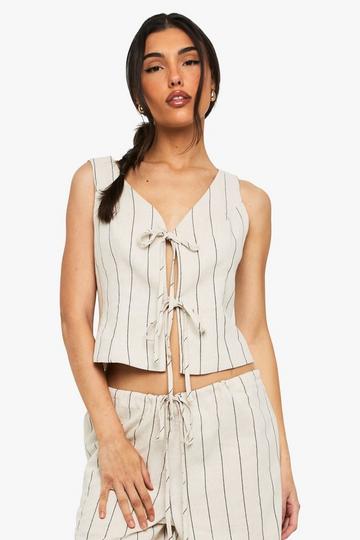 Linnen Look Top Met Strik stone