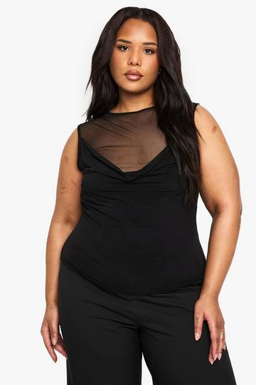 Plus Mesh Insert Cowl Neck Top black