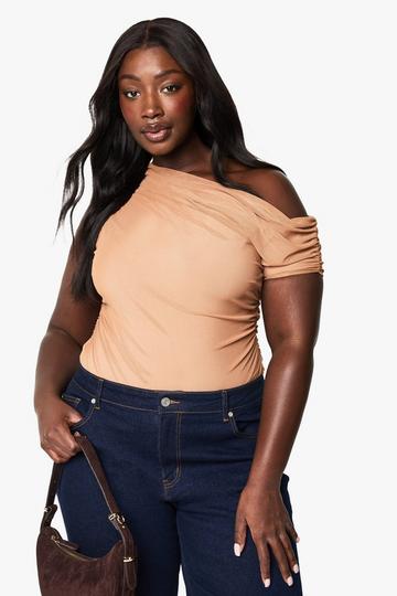 Grande taille - Body froncé en mesh taupe