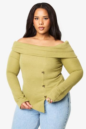 Plus Gebreide Bardot Top Met Gouden Afwerking En Split olive