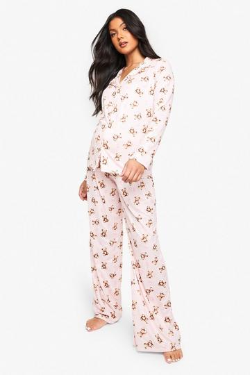 MATERNITY BEAR PRINT SHIRT AND TROUSER pink