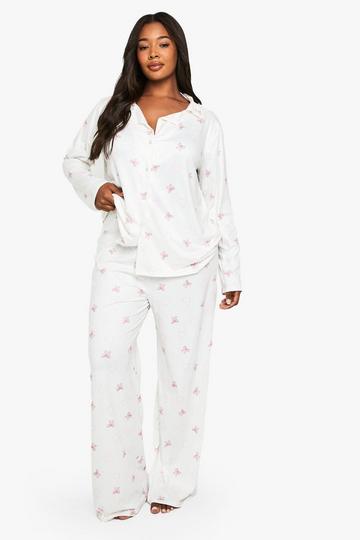 Cream White PLUS HEART PRINT SHIRT AND TROUSER SET