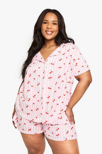 Plus Kersen Overhemd En Shorts Set pink