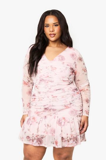 Blush Pink Plus Floral Mesh Ruched Frill Hem Mini Dress