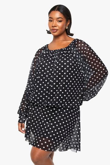Plus Mesh Polka Drop Hem Mini Dress black