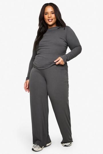 Plus Zachte Geribbelde Wide Leg Broek slate grey