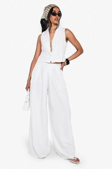 Linen Look Pleat Front Wide Leg Tailored Trousers white