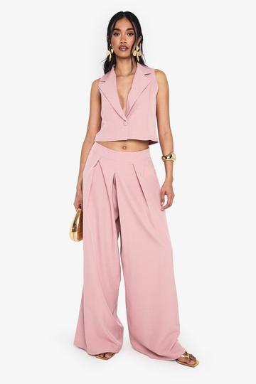 Linen Look Pleat Front Wide Leg Tailored Trousers pink