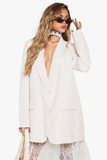 Ecru Wit Oversized Blazer Met Schouderpads En Laag Decolleté