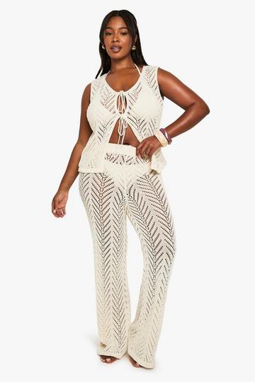 Ecru White Plus Beach Knit Wide Leg Trouser