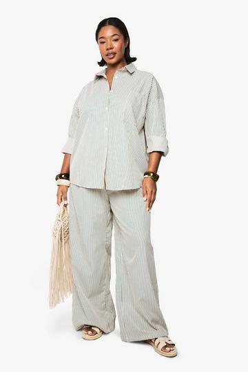 Plus Woven Stripe Elasticated Wide Leg Trouser green