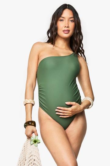 Maternity Tummy Control One Shoulder Swimsuit khaki