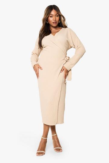 Stone Beige Plus Textured Wrap Midaxi Dress