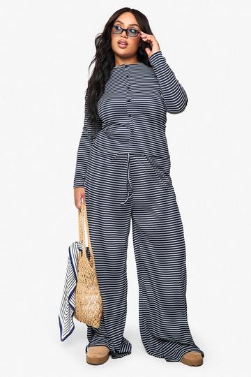 Plus Stripe Button Front Top navy