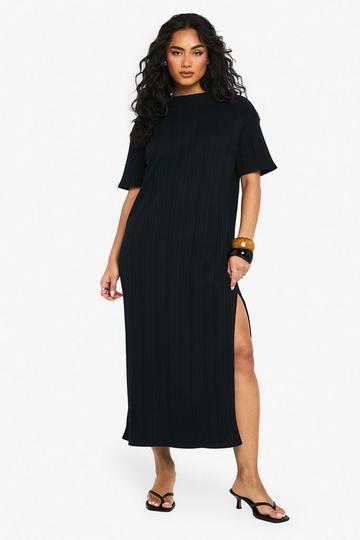 Textured rib drop shoulder midaxi t-shirt dress black