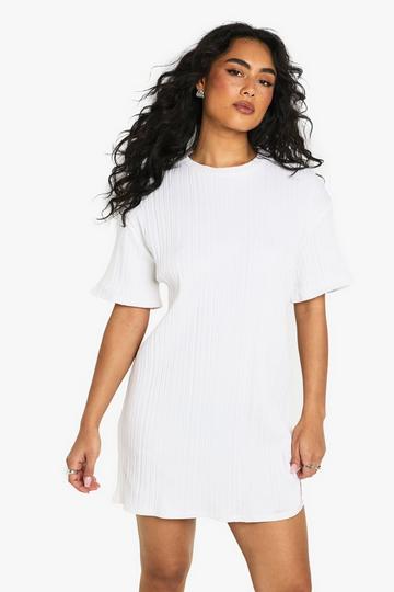 Cream White Textured rib drop shoulder mini t-shirt dress