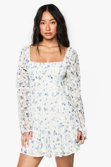 Ivory White Textured Floral Square Neck Milkmaid Mini Dress