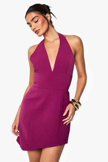 Magenta Pink Halterneck Tailored Asymmetric Mini Dress