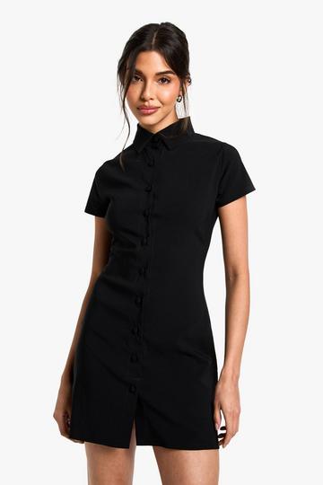 Black Tailored Button Down Collared A-Line Mini Dress