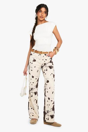 Faux Suede Cow Print Flare Trousers brown