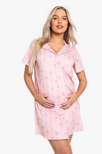 Maternity Bow Print Button Through Collar Nightie pink