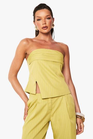 Woven Pinstripe Ruched Bandeau Top lime
